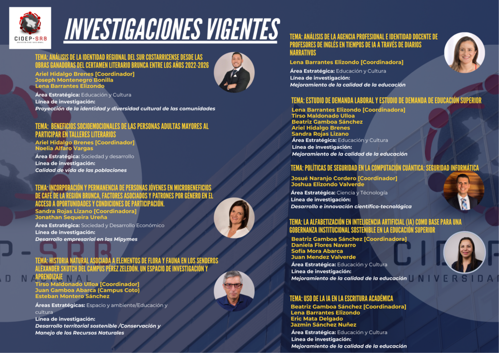 Póster informativo con los temas y coordinadores de las Investigaciones Vigentes del CIDEP-SRB.